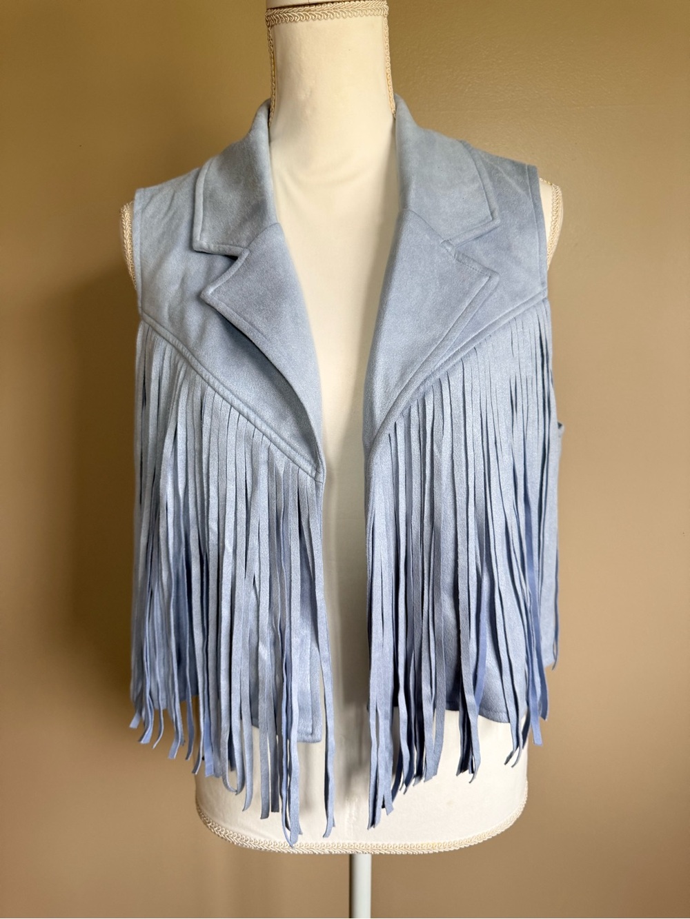 Fringed Light Blue Suede Vest for Women
